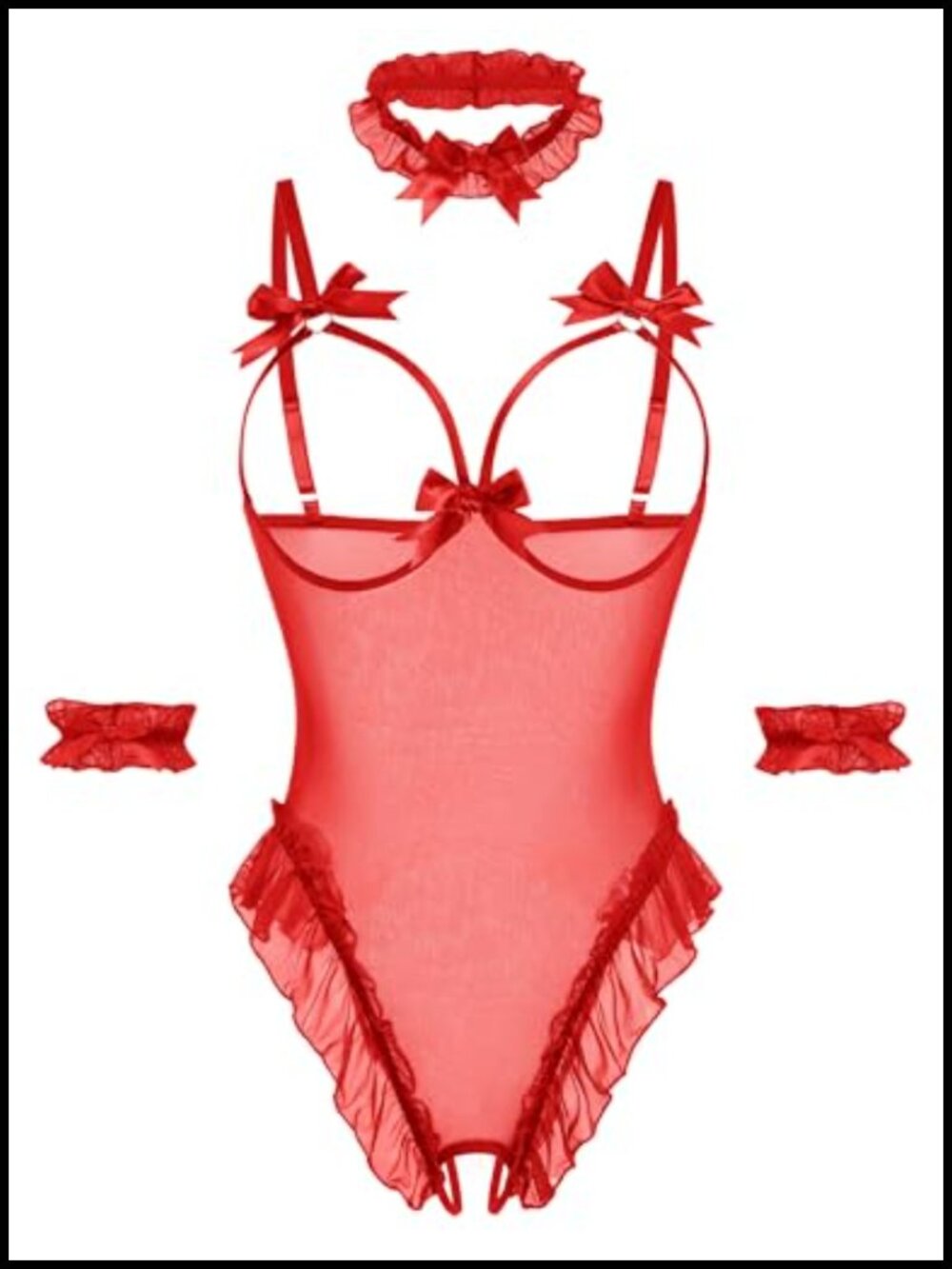Sheer Mesh Lingerie Bodysuit 4 Piece Set with Detachable Collar & Wrist Cuffs
